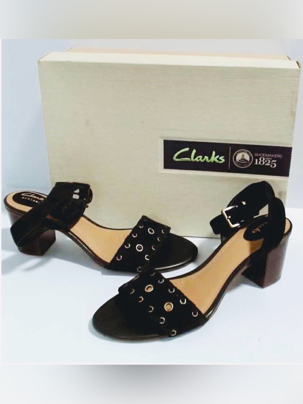 CLARKS Black Suede Leather Bronze Grommets 2.5” Heel NIB Sz 9.5
